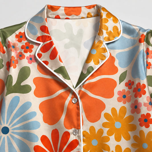 PJ-635-Retro Floral Satin Pajamas Vibrant Daisy Print Colorful Groovy Sleepwear Pjs