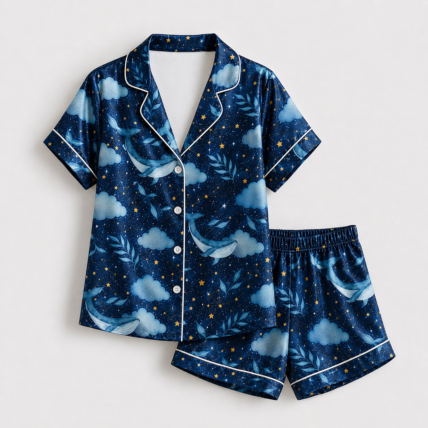 PJ-642-Ocean Sky Flying Whale Satin Sleepwear Celestial Constellation Night Pajamas Pjs