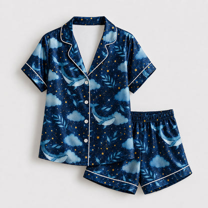 PJ-642-Ocean Sky Flying Whale Satin Sleepwear Celestial Constellation Night Pajamas Pjs
