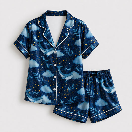 PJ-642-Ocean Sky Flying Whale Satin Sleepwear Celestial Constellation Night Pajamas Pjs