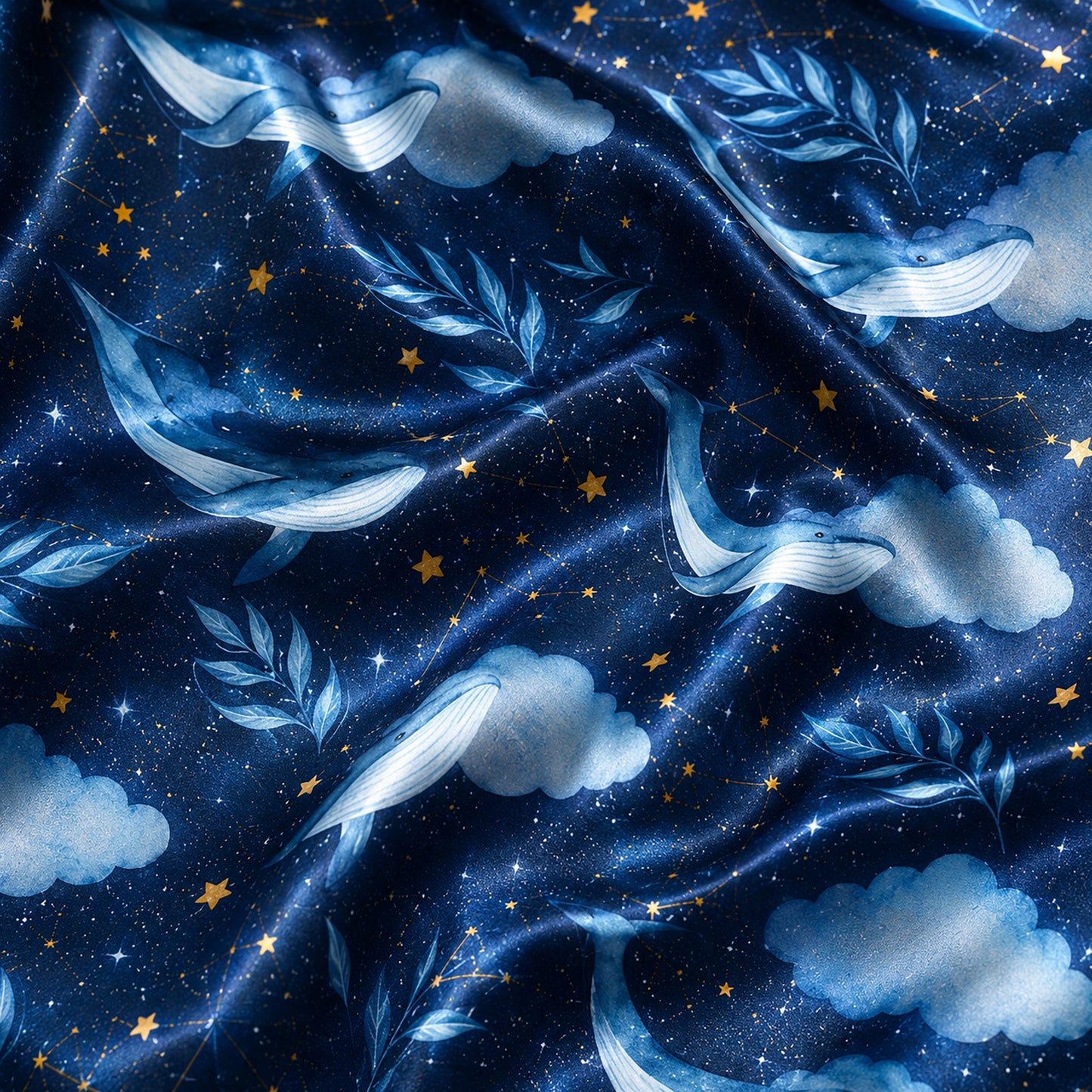 PJ-642-Ocean Sky Flying Whale Satin Sleepwear Celestial Constellation Night Pajamas Pjs