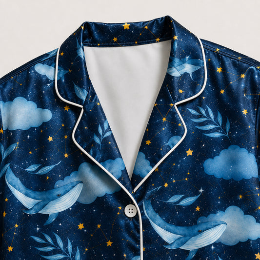 PJ-642-Ocean Sky Flying Whale Satin Sleepwear Celestial Constellation Night Pajamas Pjs