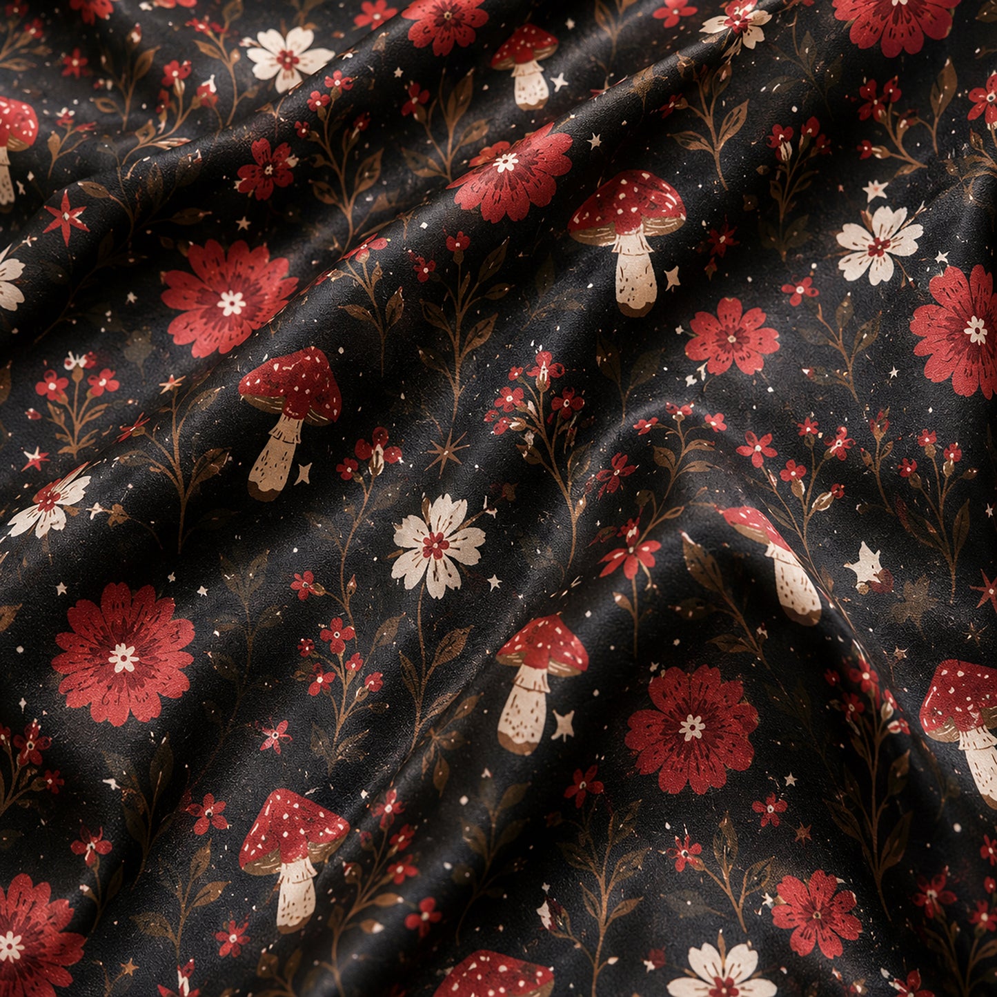 PJ-643-Dark Cottagecore Botanical Satin Pajamas Red Mushroom Forest Sleepwear Pjs