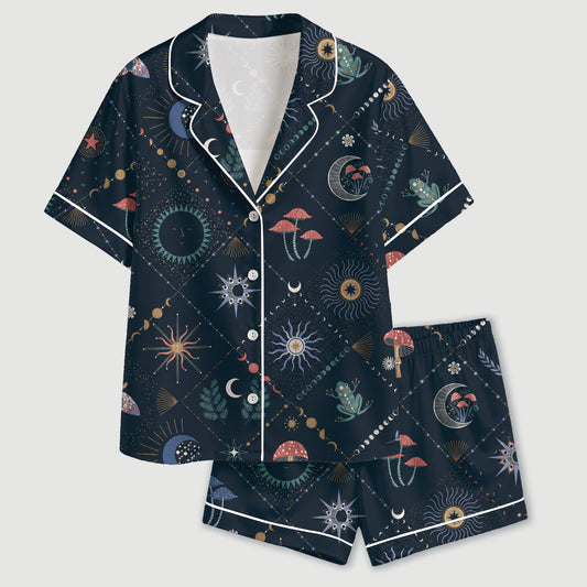 PJ-644-Mystical Celestial Frog Satin Sleepwear Navy Mushroom Astrology Pajamas Pjs
