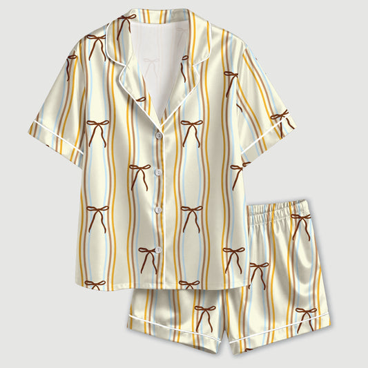 PJ-645-Coquette Ribbon Bow Wavy Stripe Pjs Cream Satin Sleepwear Lounge Set
