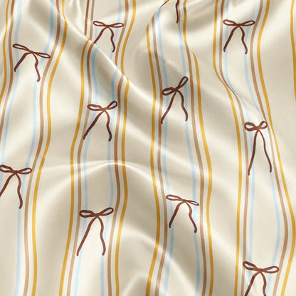 PJ-645-Coquette Ribbon Bow Wavy Stripe Pjs Cream Satin Sleepwear Lounge Set