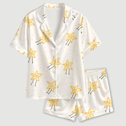 PJ-646-Smiling Star Satin Pajama Set, Cute Happy Star Pattern Sleepwear, Whimsical Celestial Print, Cozy Dreamy Loungewear, Soft Nightwear