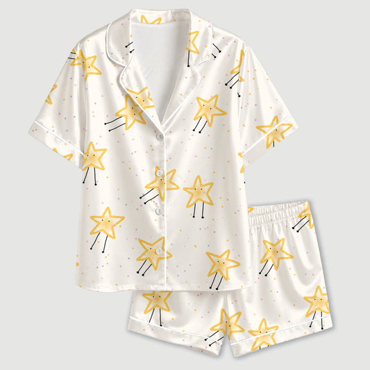 PJ-646-Smiling Star Satin Pajama Set, Cute Happy Star Pattern Sleepwear, Whimsical Celestial Print, Cozy Dreamy Loungewear, Soft Nightwear