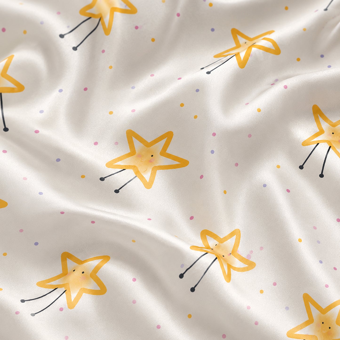 PJ-646-Smiling Star Satin Pajama Set, Cute Happy Star Pattern Sleepwear, Whimsical Celestial Print, Cozy Dreamy Loungewear, Soft Nightwear