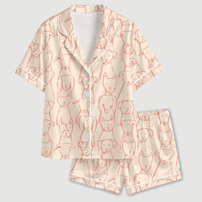 PJ-647-Pink Dog Satin Pajama Set, Cute Puppy Pattern Sleepwear, Whimsical Pet Print Loungewear, Cozy Everyday Pajamas, Soft Nightwear