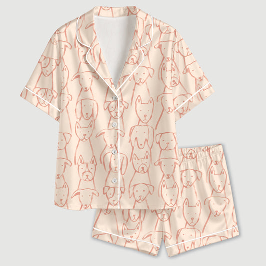 PJ-647-Pink Dog Satin Pajama Set, Cute Puppy Pattern Sleepwear, Whimsical Pet Print Loungewear, Cozy Everyday Pajamas, Soft Nightwear