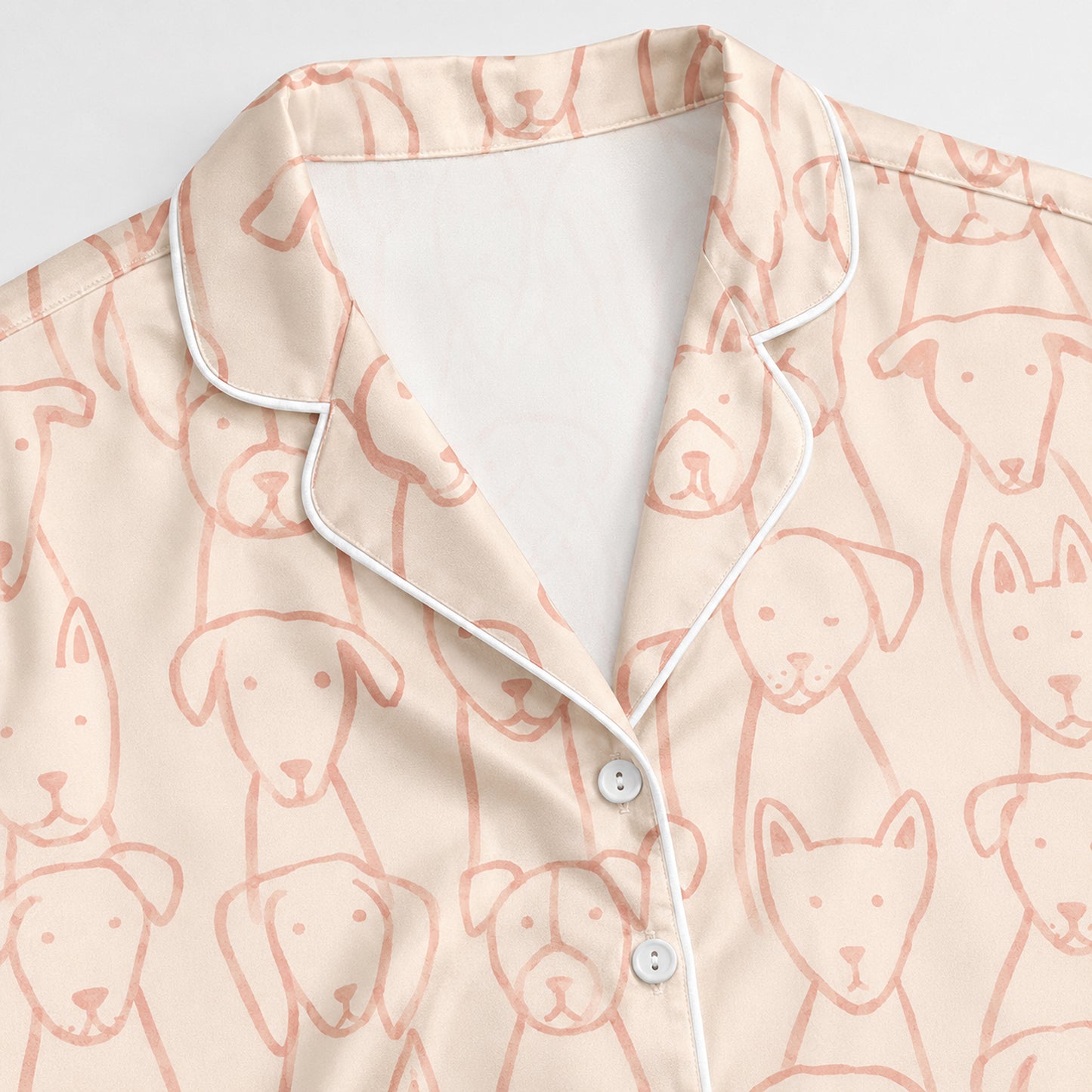 PJ-647-Pink Dog Satin Pajama Set, Cute Puppy Pattern Sleepwear, Whimsical Pet Print Loungewear, Cozy Everyday Pajamas, Soft Nightwear