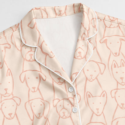 PJ-647-Pink Dog Satin Pajama Set, Cute Puppy Pattern Sleepwear, Whimsical Pet Print Loungewear, Cozy Everyday Pajamas, Soft Nightwear