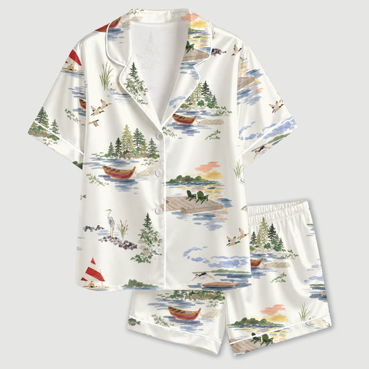PJ-648-Riverside Landscape Satin Pajama Set, Scenic Nature Print Sleepwear, Peaceful River View Loungewear, Cozy Relaxing Pajamas