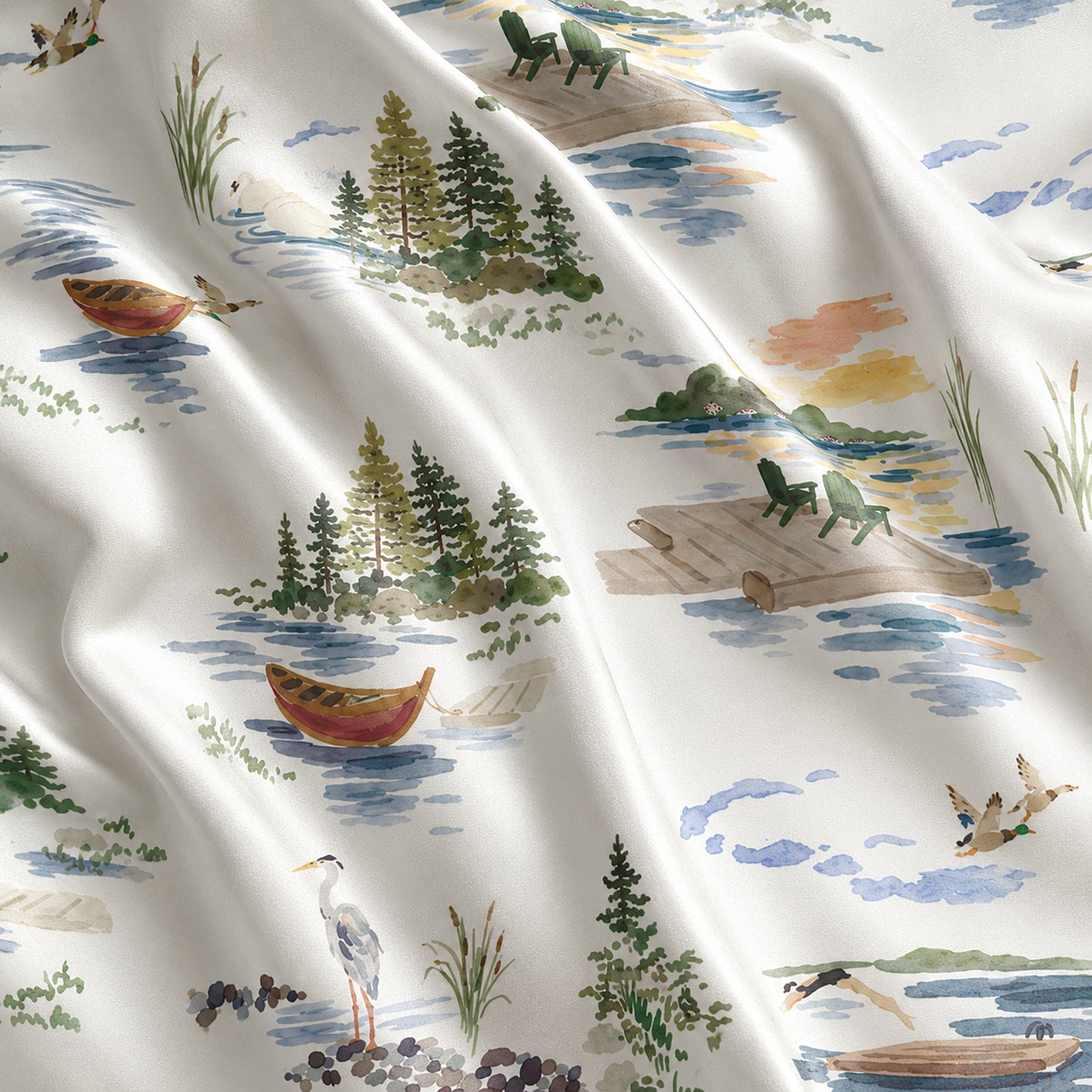 PJ-648-Riverside Landscape Satin Pajama Set, Scenic Nature Print Sleepwear, Peaceful River View Loungewear, Cozy Relaxing Pajamas