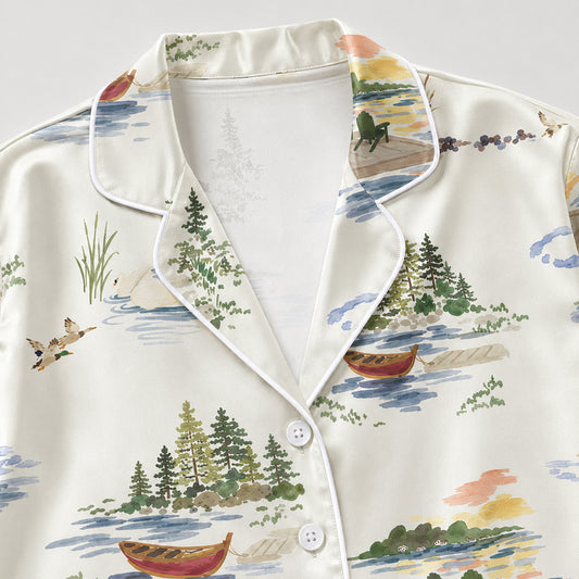 PJ-648-Riverside Landscape Satin Pajama Set, Scenic Nature Print Sleepwear, Peaceful River View Loungewear, Cozy Relaxing Pajamas