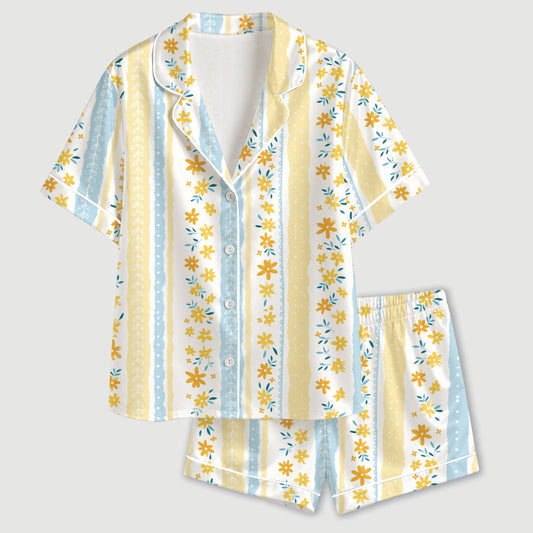 PJ-649-Light Blue Yellow Striped Floral Pjs Satin Sleepwear Summer Pajamas
