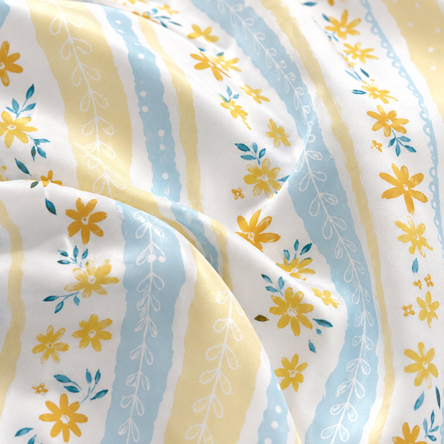 PJ-649-Light Blue Yellow Striped Floral Pjs Satin Sleepwear Summer Pajamas