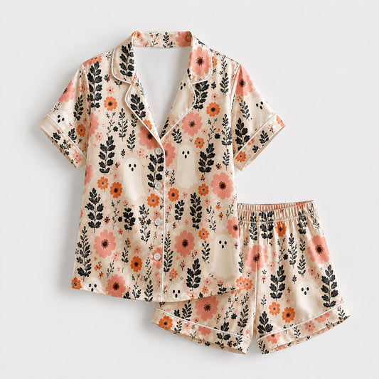 PJ-651-Floral Satin Pajama Set, Elegant Botanical Print Sleepwear, Soft Button Down Loungewear, Cozy Nightwear Gift