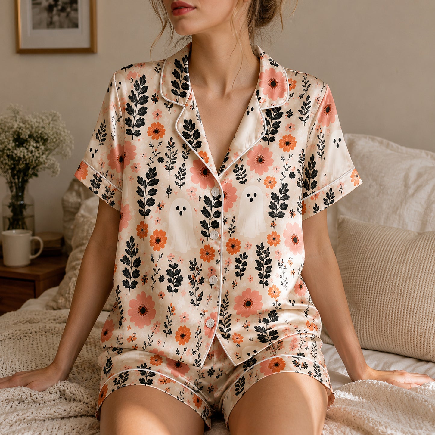 PJ-651-Floral Satin Pajama Set, Elegant Botanical Print Sleepwear, Soft Button Down Loungewear, Cozy Nightwear Gift