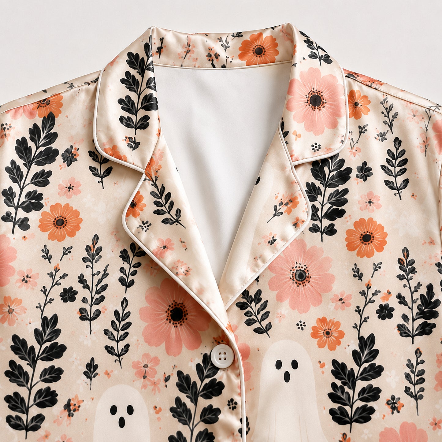 PJ-651-Floral Satin Pajama Set, Elegant Botanical Print Sleepwear, Soft Button Down Loungewear, Cozy Nightwear Gift