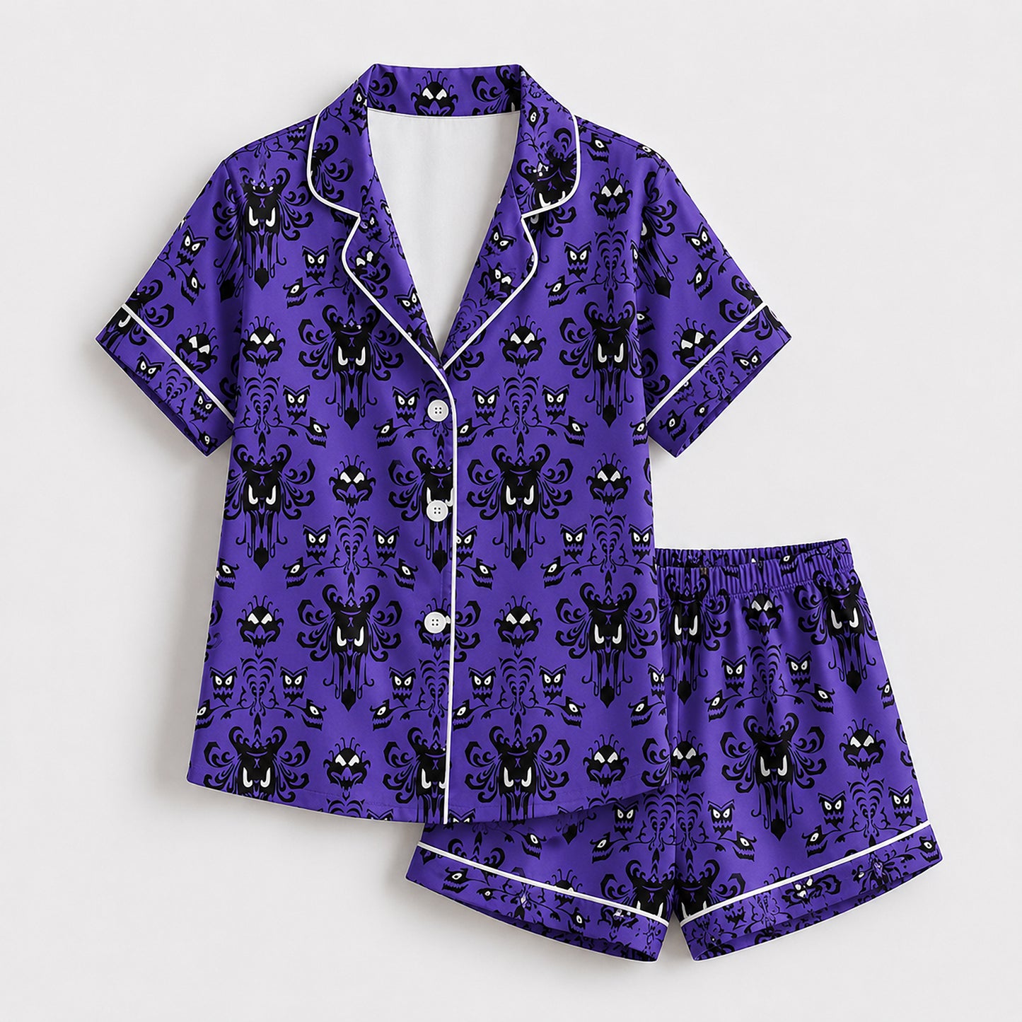 PJ-652-Haunted Night Satin Pajama Set, Spooky Autumn Sleepwear, Cozy Halloween Loungewear, Halloween Gift