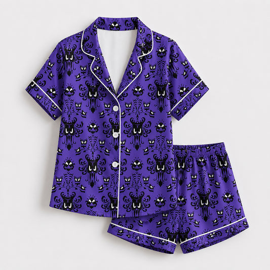 PJ-652-Haunted Night Satin Pajama Set, Spooky Autumn Sleepwear, Cozy Halloween Loungewear, Halloween Gift