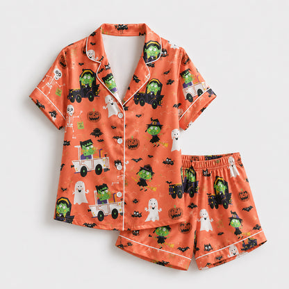 PJ-653-Halloween Satin Loungewear Set, Cute Scary Printed Pajamas, Cozy Fall Nightwear, Spooky Season Sleepwear Gift