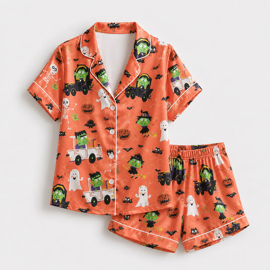 PJ-653-Halloween Satin Loungewear Set, Cute Scary Printed Pajamas, Cozy Fall Nightwear, Spooky Season Sleepwear Gift