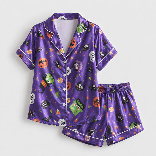 PJ-654-Halloween Pajama Set, Dark Festive Pattern Sleepwear, Soft Satin Lounge Outfit, Cozy Autumn Nightwear