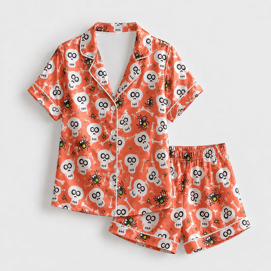 PJ-655-Spooky Season Satin Pajamas, Halloween Themed Skull Sleepwear Set, Long Sleeve Loungewear, Fall Gift Idea