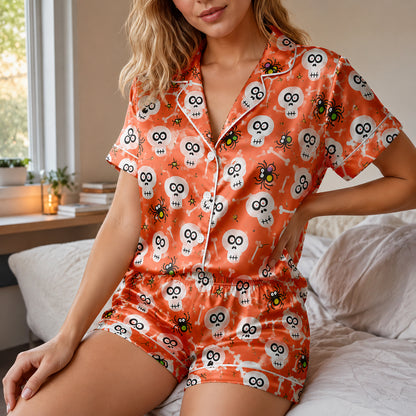 PJ-655-Spooky Season Satin Pajamas, Halloween Themed Skull Sleepwear Set, Long Sleeve Loungewear, Fall Gift Idea
