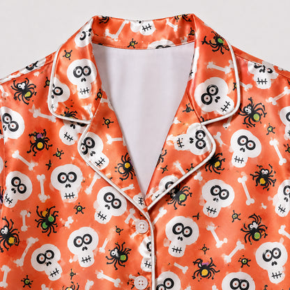 PJ-655-Spooky Season Satin Pajamas, Halloween Themed Skull Sleepwear Set, Long Sleeve Loungewear, Fall Gift Idea