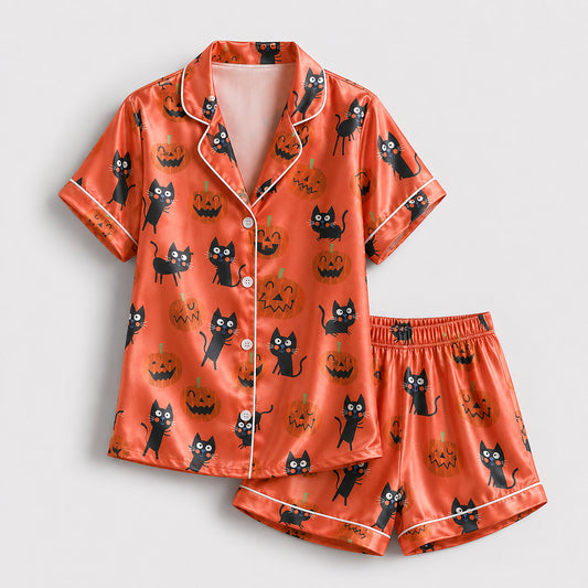 PJ-656-Halloween Black Cat Button Down Pajamas, Spooky Printed Satin Sleepwear, Matching Lounge Set, Autumn Nightwear