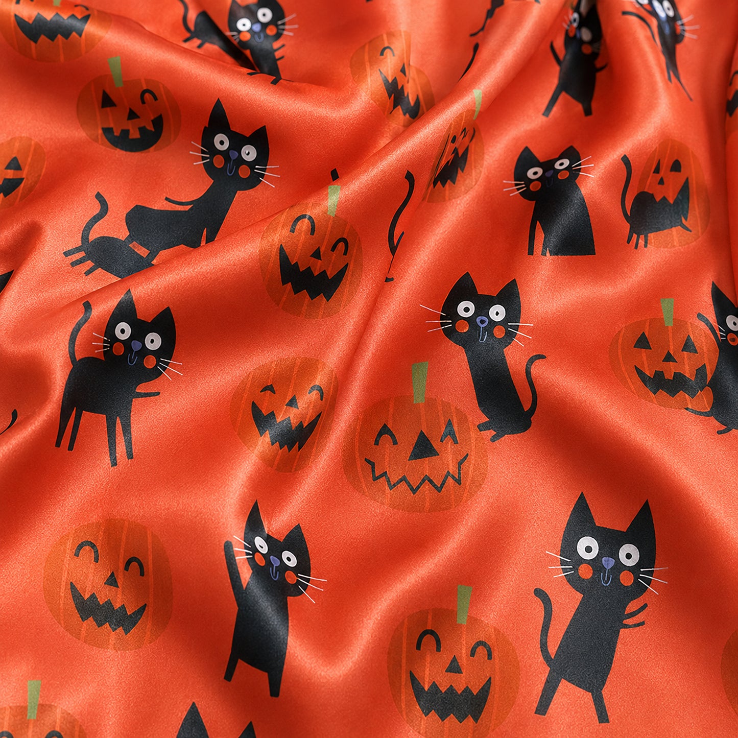PJ-656-Halloween Black Cat Button Down Pajamas, Spooky Printed Satin Sleepwear, Matching Lounge Set, Autumn Nightwear