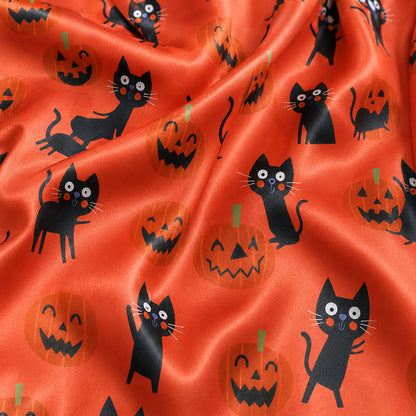 PJ-656-Halloween Black Cat Button Down Pajamas, Spooky Printed Satin Sleepwear, Matching Lounge Set, Autumn Nightwear