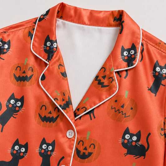 PJ-656-Halloween Black Cat Button Down Pajamas, Spooky Printed Satin Sleepwear, Matching Lounge Set, Autumn Nightwear