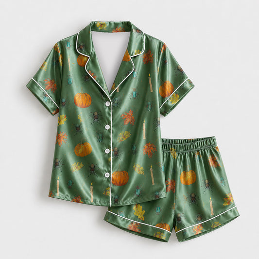 PJ-657-Spooky Sweet Satin Pajamas, Fun Halloween Sleepwear Set, Playful October Loungewear, Cozy Nightwear