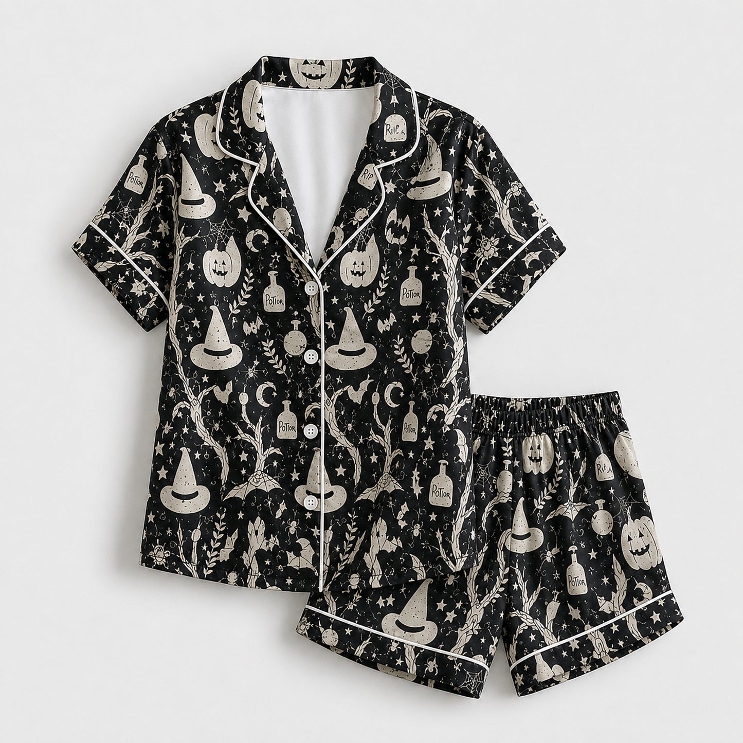 PJ-658-Halloween Pajama Party Set, Whimsical Satin Sleepwear, Cozy Fall Lounge Outfit, Festive Seasonal Gift