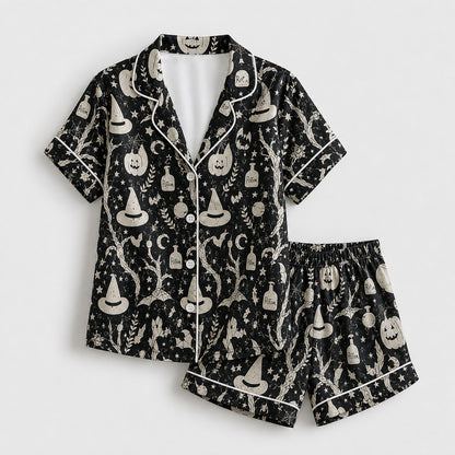 PJ-658-Halloween Pajama Party Set, Whimsical Satin Sleepwear, Cozy Fall Lounge Outfit, Festive Seasonal Gift