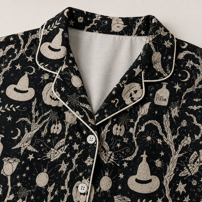 PJ-658-Halloween Pajama Party Set, Whimsical Satin Sleepwear, Cozy Fall Lounge Outfit, Festive Seasonal Gift