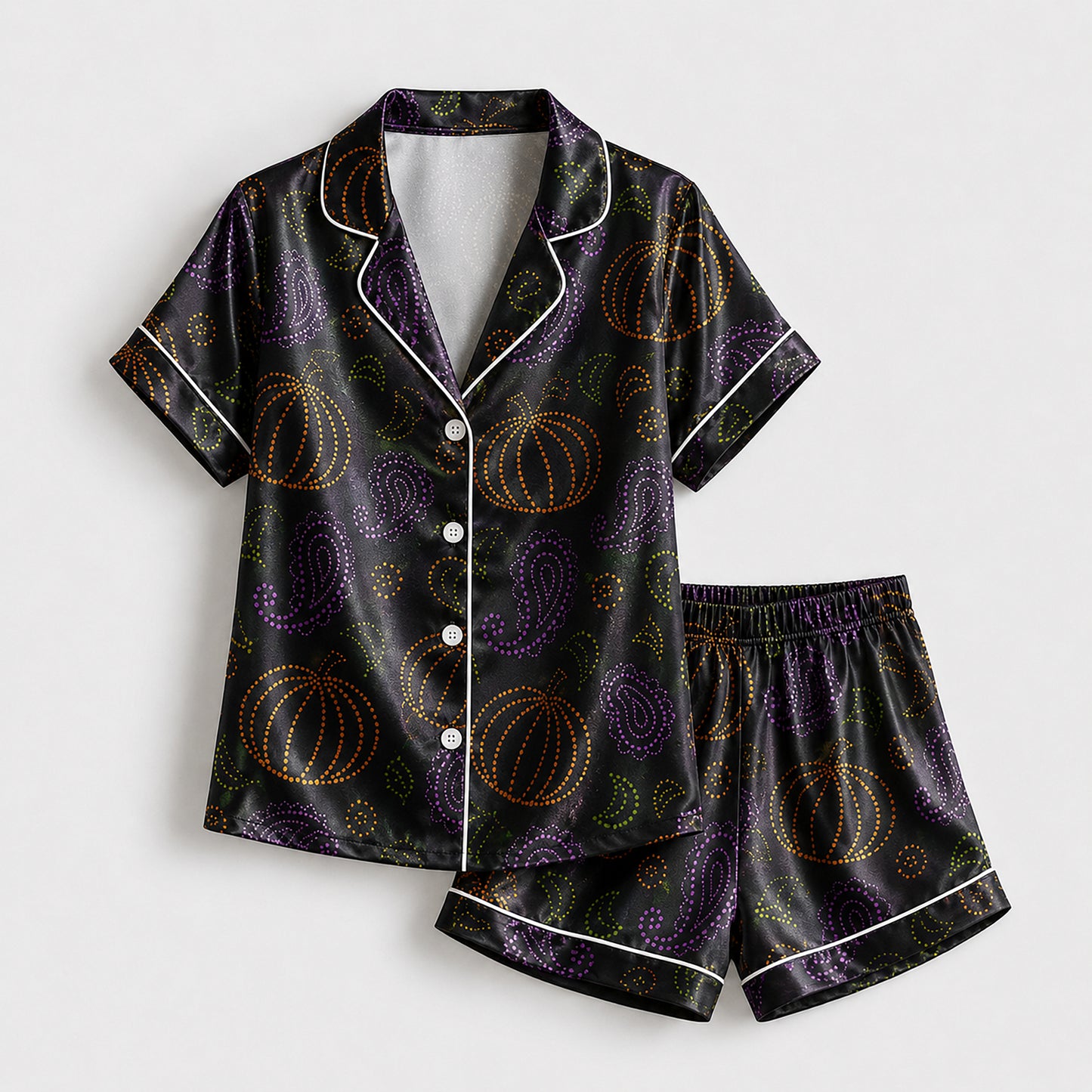 PJ-659-Spooky Joyride Satin Pajamas, Fun Halloween Sleepwear Set, Relaxed October Loungewear, Cozy Gift