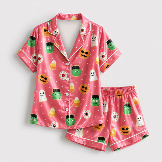 PJ-661-Spooky Monsters Pajama Set, Fun Satin Sleepwear, Cozy October Loungewear, Whimsical Nightwear