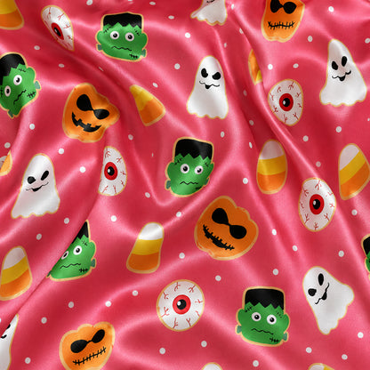PJ-661-Spooky Monsters Pajama Set, Fun Satin Sleepwear, Cozy October Loungewear, Whimsical Nightwear
