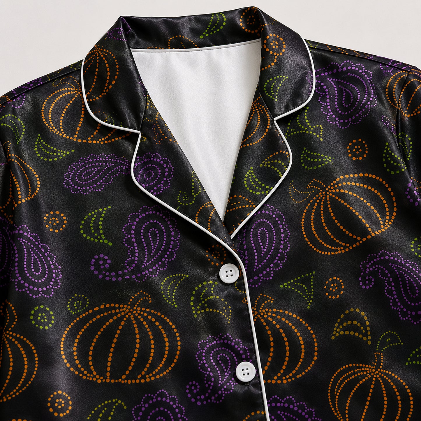 PJ-659-Spooky Joyride Satin Pajamas, Fun Halloween Sleepwear Set, Relaxed October Loungewear, Cozy Gift
