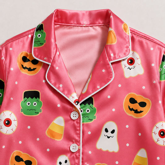 PJ-661-Spooky Monsters Pajama Set, Fun Satin Sleepwear, Cozy October Loungewear, Whimsical Nightwear