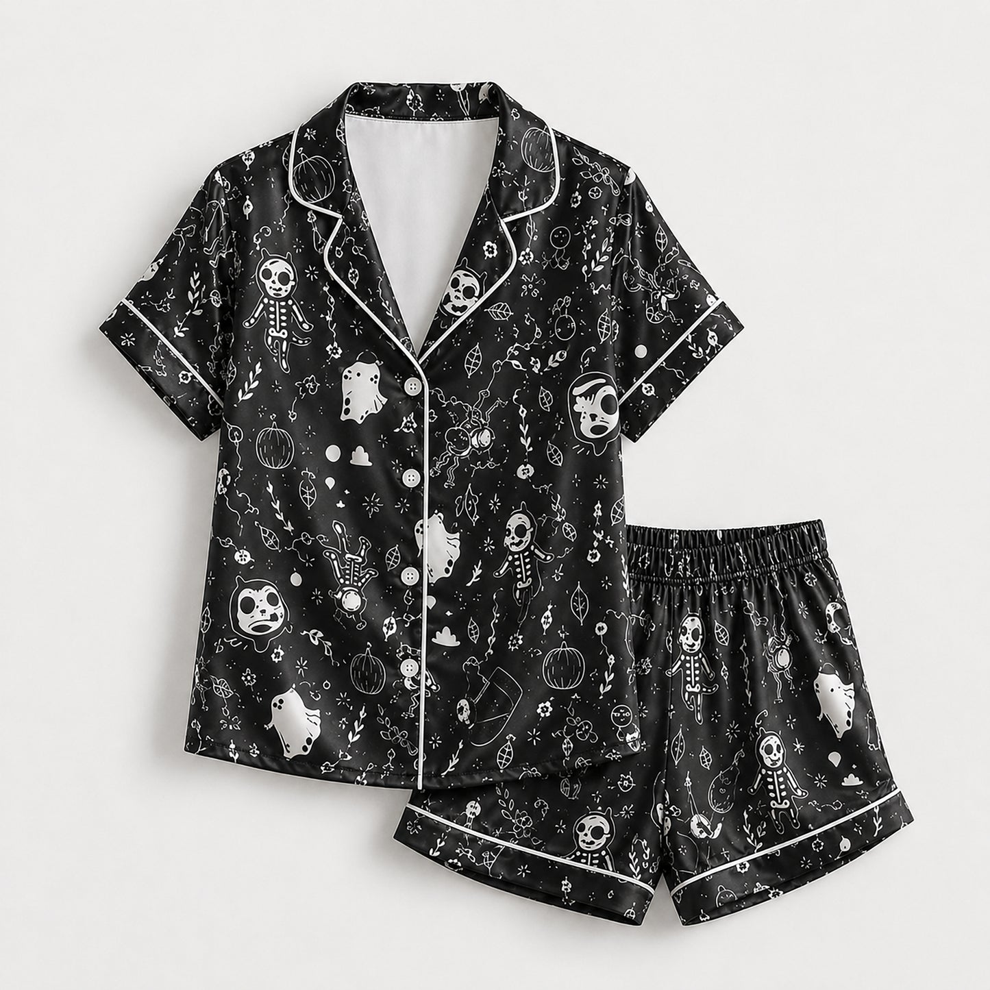 PJ-660-Black Spooky Skeleton Satin Pajamas Ghost Pumpkin Halloween Pjs