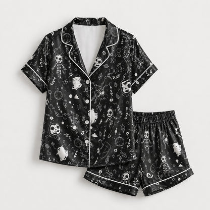 PJ-660-Black Spooky Skeleton Satin Pajamas Ghost Pumpkin Halloween Pjs