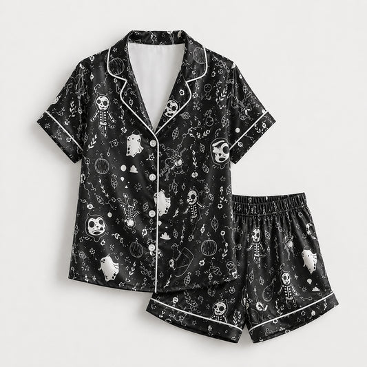 PJ-660-Black Spooky Skeleton Satin Pajamas Ghost Pumpkin Halloween Pjs