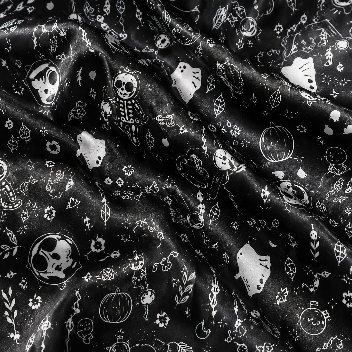 PJ-660-Black Spooky Skeleton Satin Pajamas Ghost Pumpkin Halloween Pjs